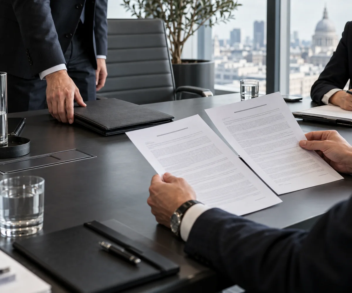 At a fictional business meeting, a closed folder is placed on the table while another attendee examines two versions of a contract; no faces are visible