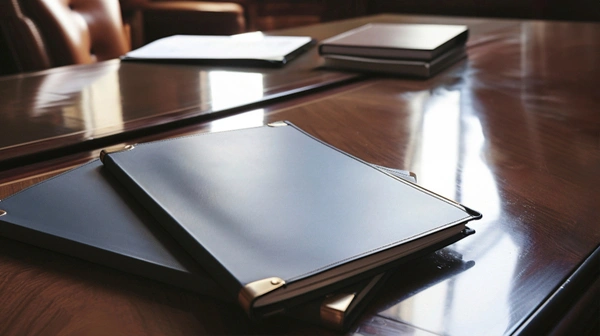 A closed graphite-coloured portfolio on the boardroom table with a pen and glass of water