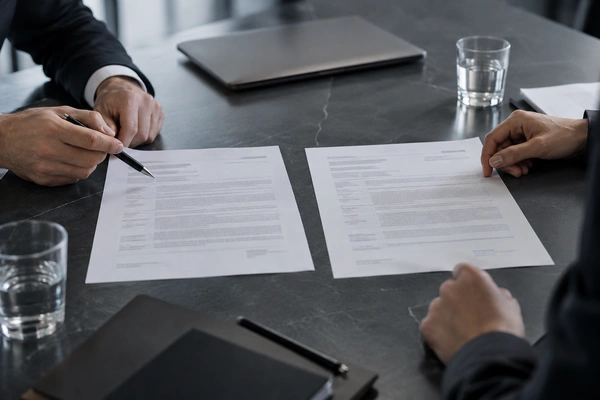 Two fictional contract documents side by side on a boardroom table, with text not readable