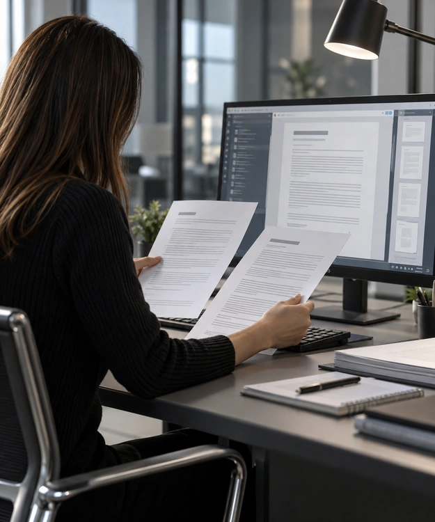 An employee seen from behind comparing printed versions with an on-screen document