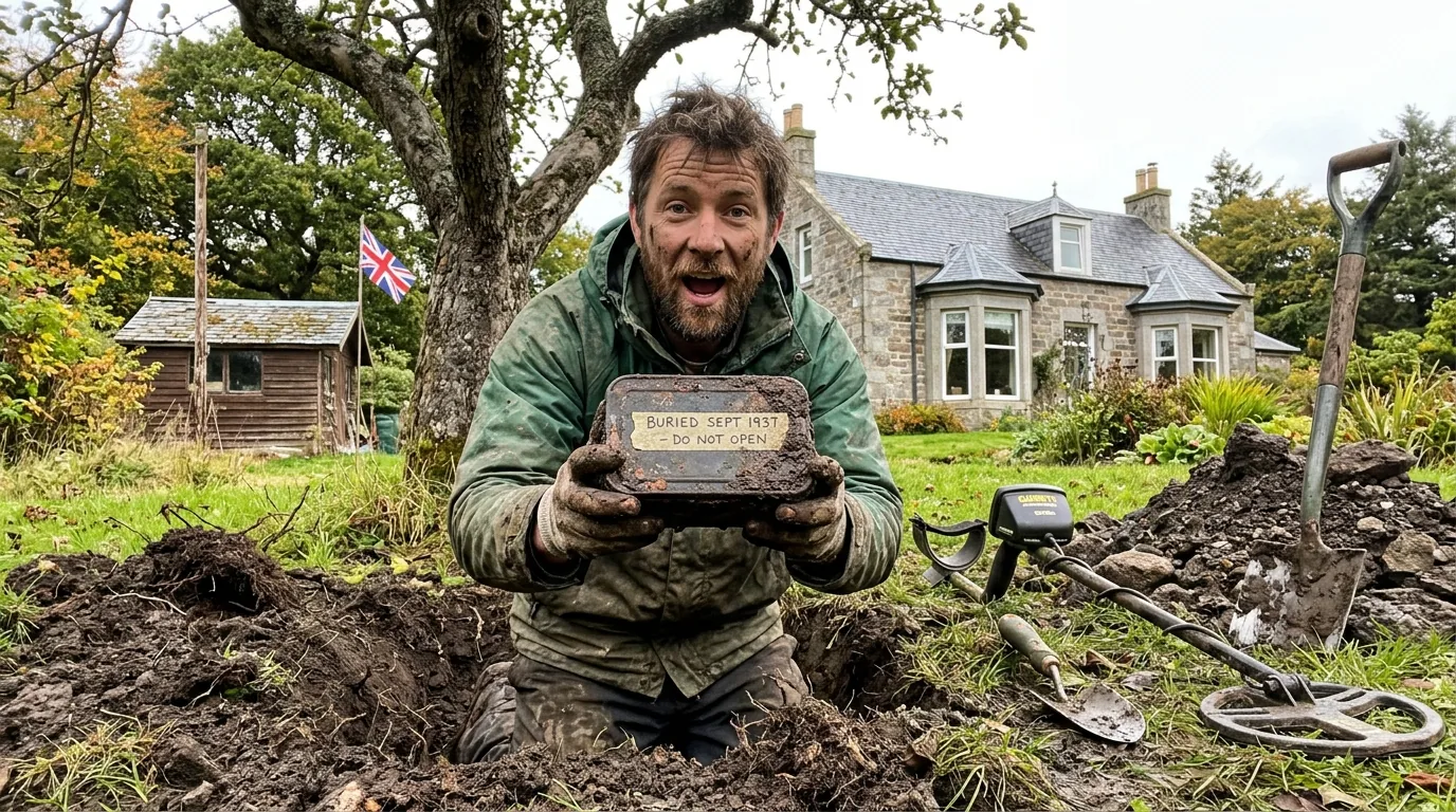 A man kneeling in a fresh hole in a garden holds up a rusty tin, a metal detector beside him