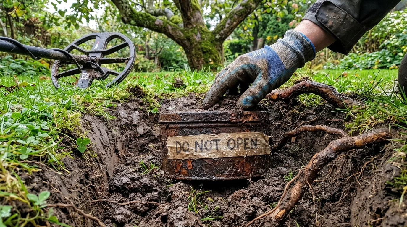 A rusty tin marked DO NOT OPEN half exposed in a freshly dug hole, a gloved hand brushing off soil