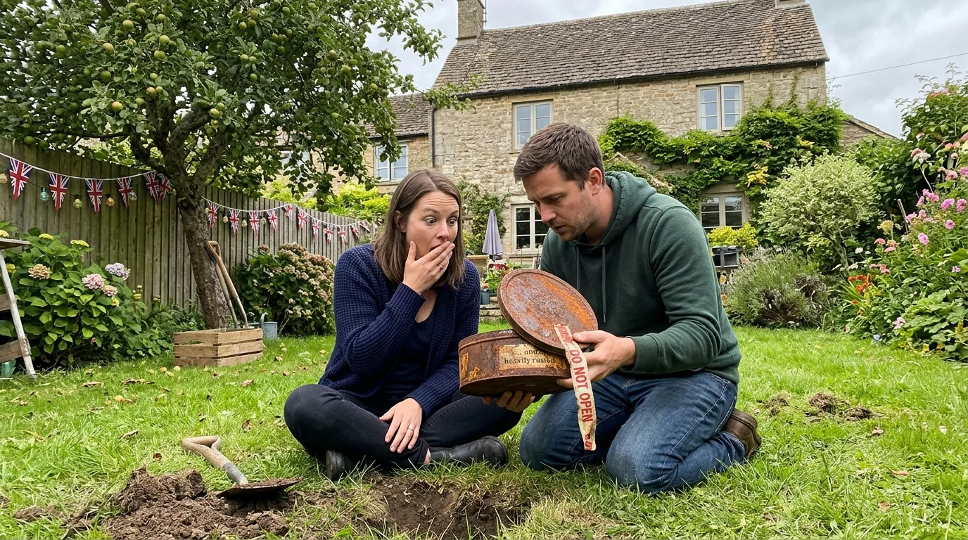 A couple sitting on the lawn by a hole look into an opened tin, the woman covering her mouth