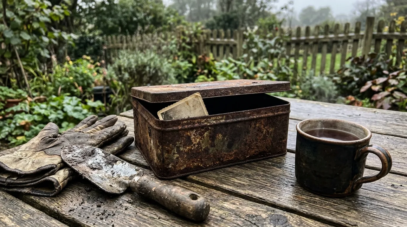 An opened rusty tin on a garden table, an old photograph inside, gloves and a trowel beside it