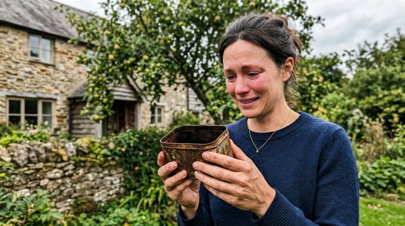 A woman in a garden holds the rusty tin, tears in her eyes